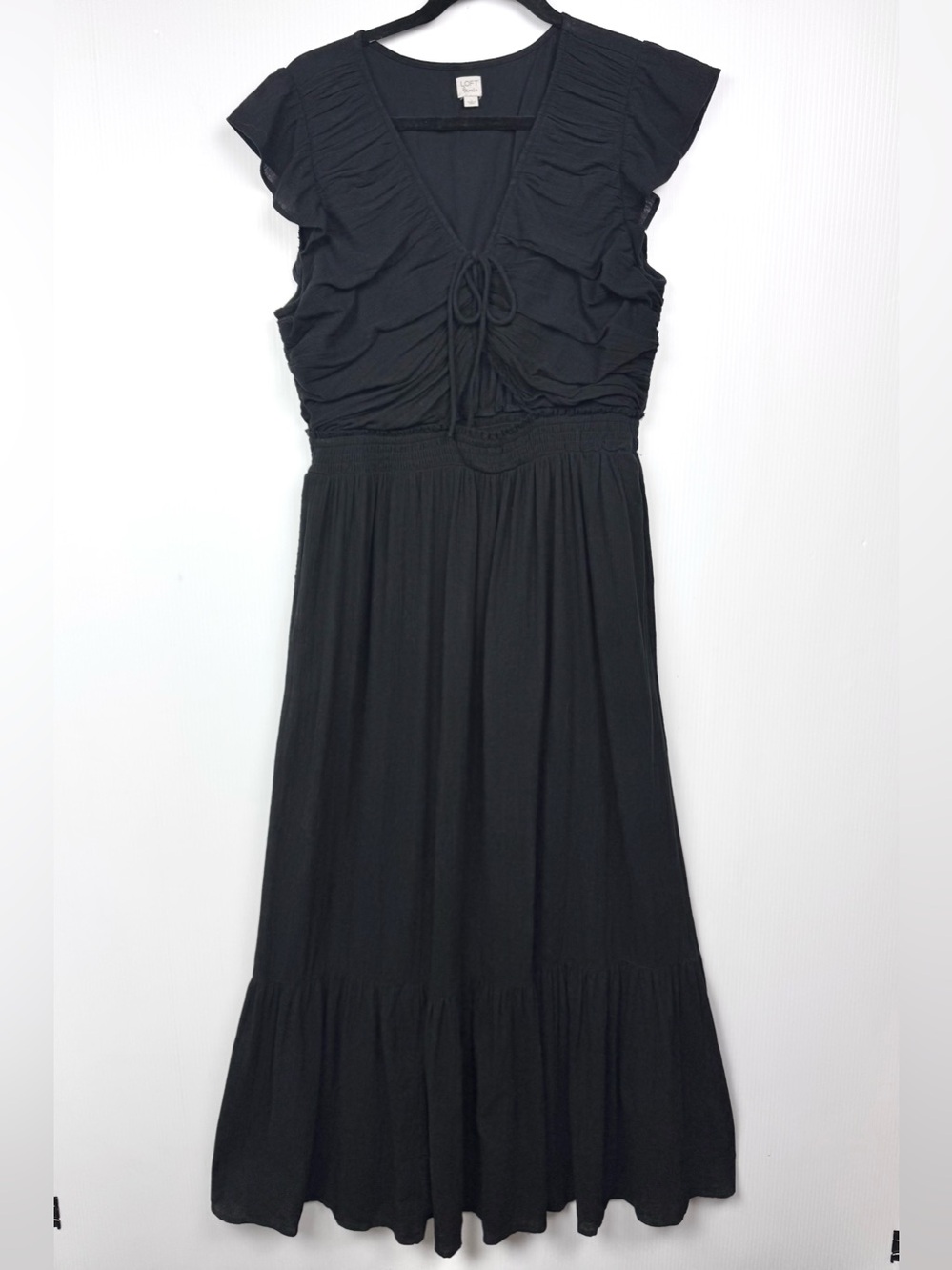 LOFT Beach Black Cotton Cutout Smocked Midi Dress Size Large